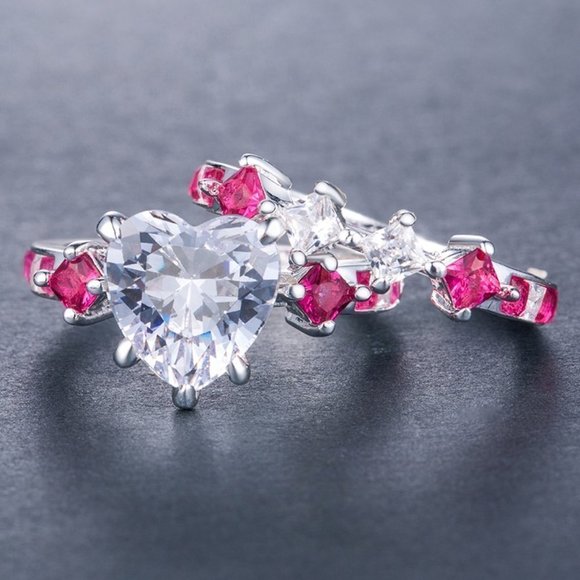 925 Silver Plated Red 2 PCs Heart CZ Couple Ring, MLNN1006 - Picture 1 of 3